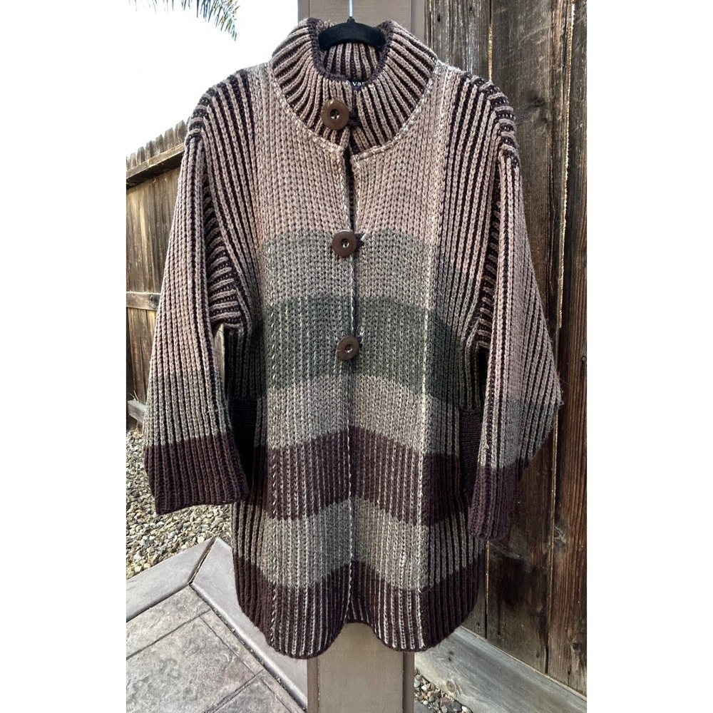Vintage Vango Paris Chunky Knit Cardigan Sweater Coat Brown Olive Pockets